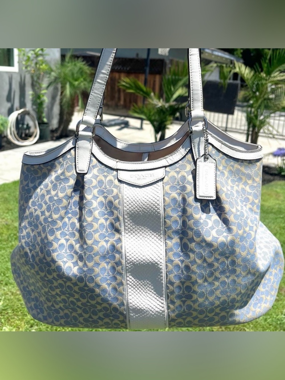 Coach Signature Canvas Shoulder Tote in Light Blue and White Trim